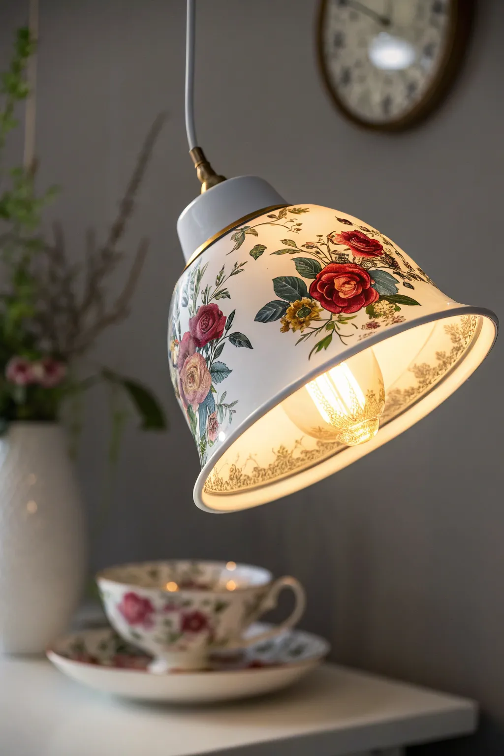 Illuminate your space with vintage charm: a teacup lampshade transforms simplicity into elegance.