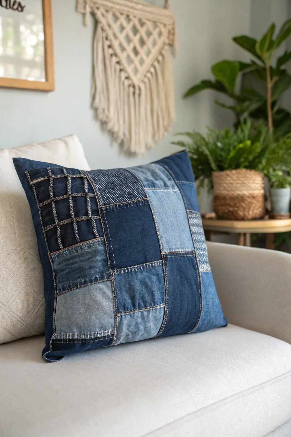 Transform your old jeans into a stunning denim patchwork pillow, blending sustainability with minimalist elegance.