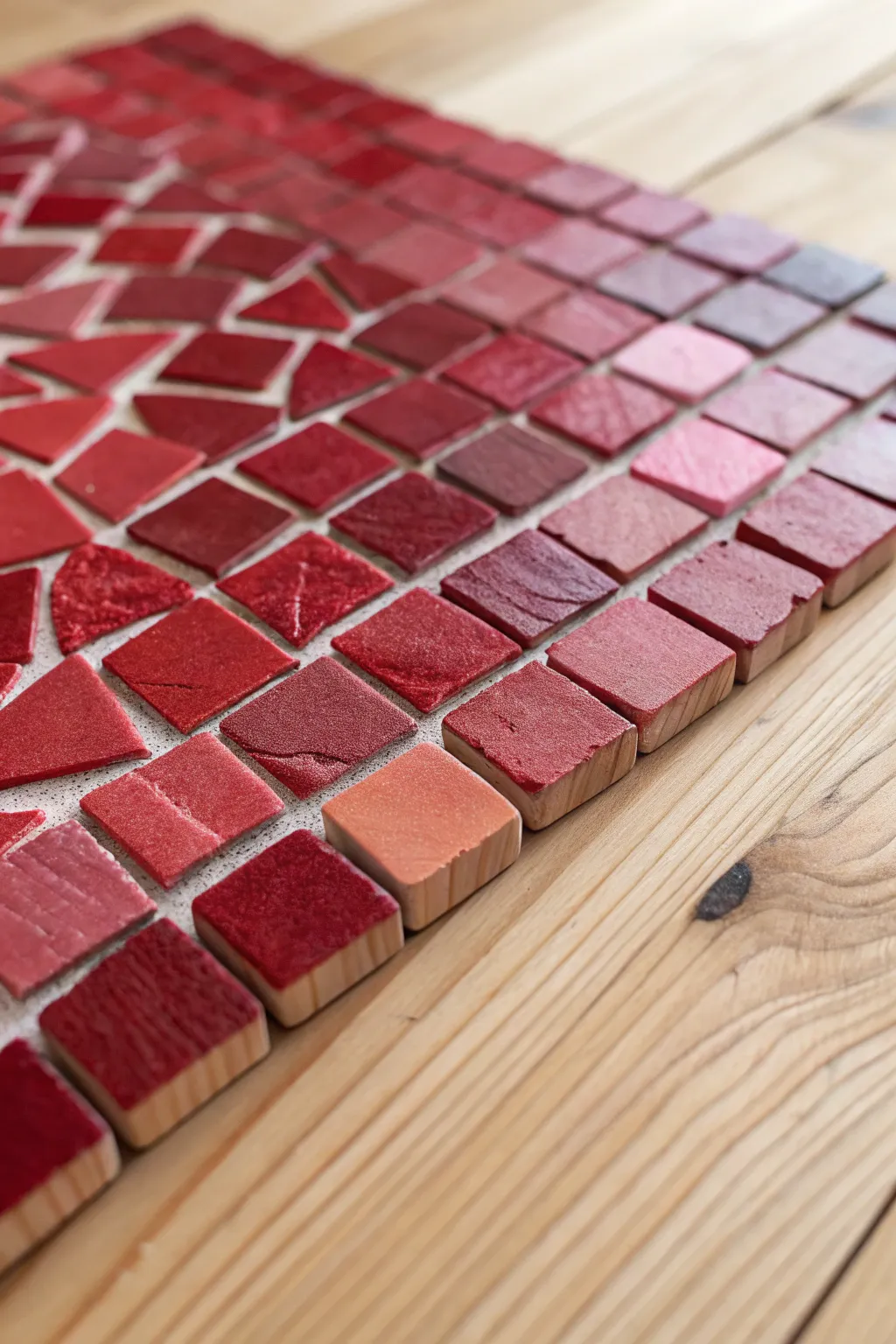Transform leftover paint chips into a striking red mosaic masterpiece, blending Scandinavian minimalism with a boho touch.