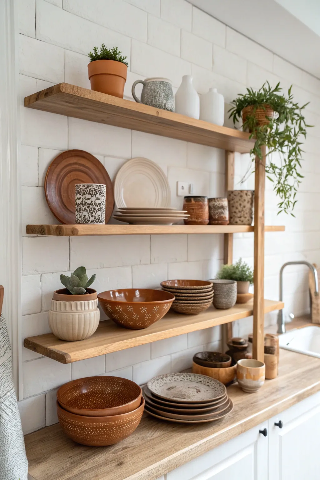 Transform your kitchen space with open shelving that blends minimalist charm with Boho warmth.