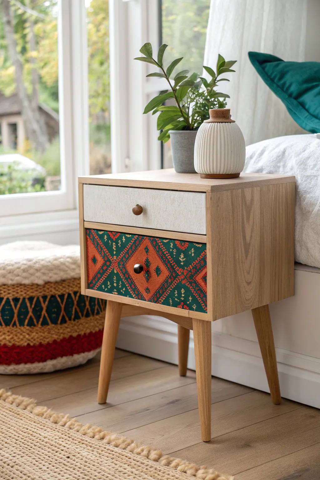 Transform your nightstand with fabric-covered drawer fronts for a touch of color and texture. Perfect for a chic, minimalist look!