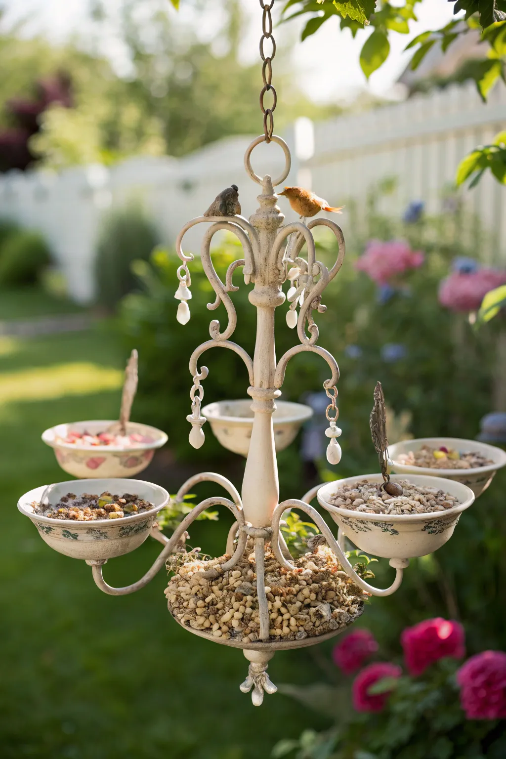 Transform elegance into nature's haven with this charming bird feeder chandelier.