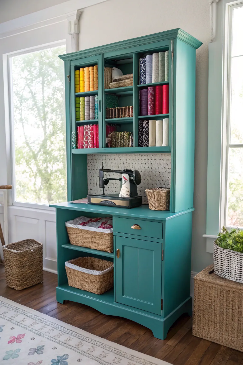 Transform elegance into creativity with a repurposed china cabinet sewing station—where minimalism meets bohemian charm.
