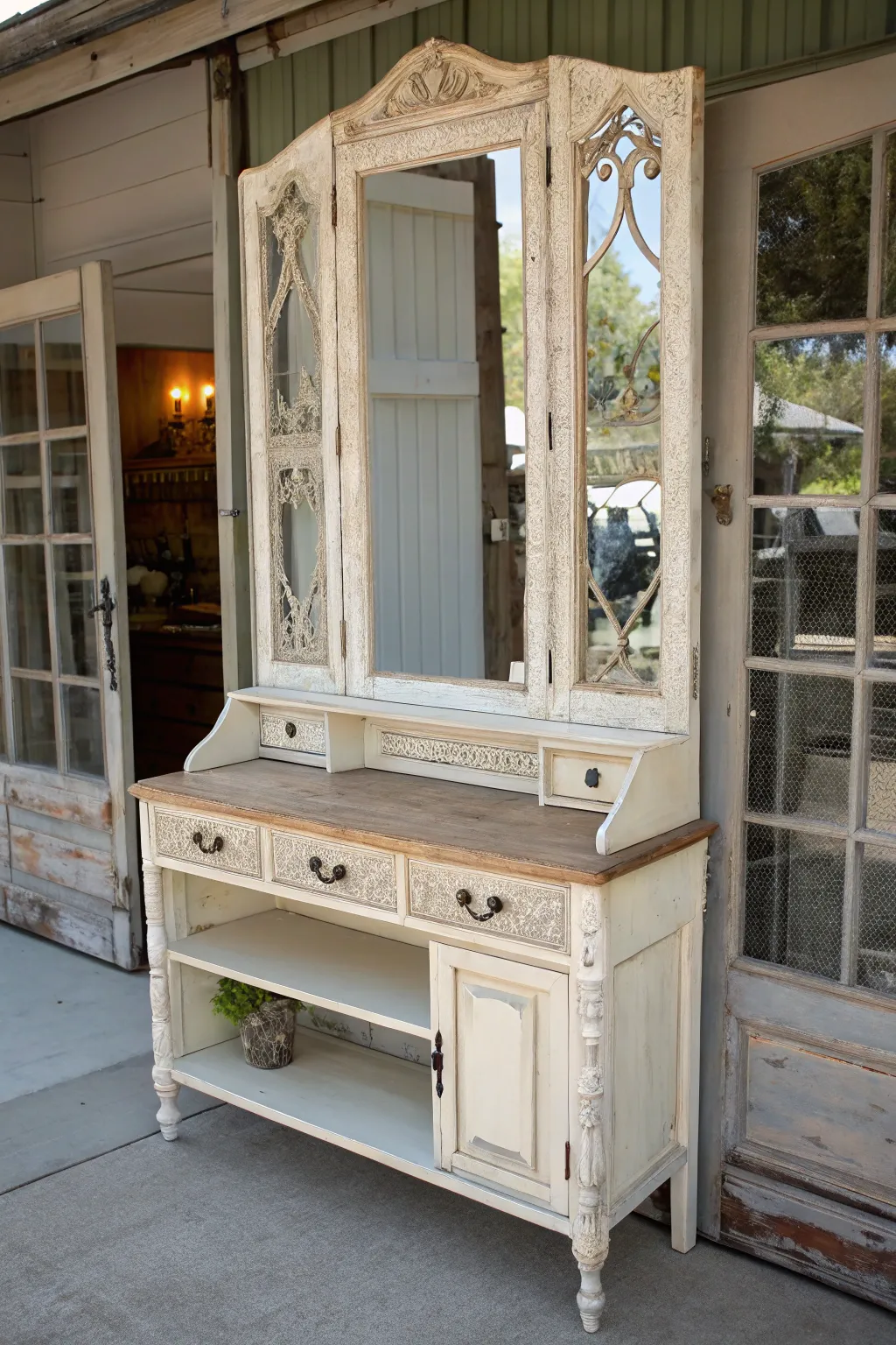 Turn your French door into a masterpiece with this chic vanity table idea. Perfect blend of vintage elegance and craftsmanship.