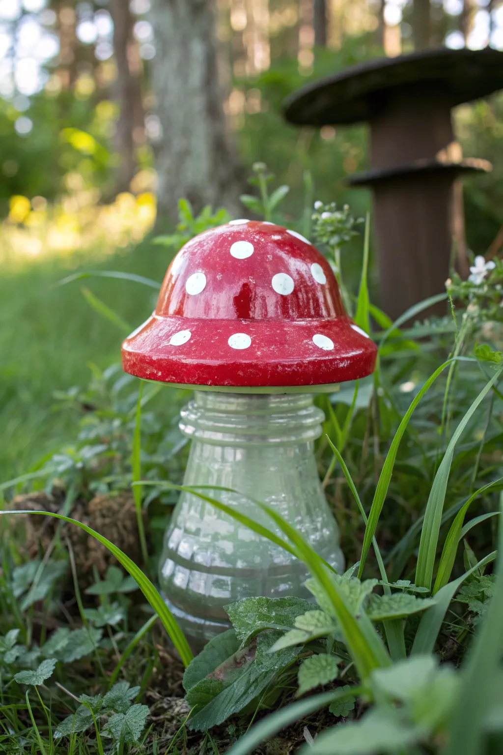 Transform your garden with charming toadstool accents from repurposed glass insulators—where whimsy meets craftsmanship!