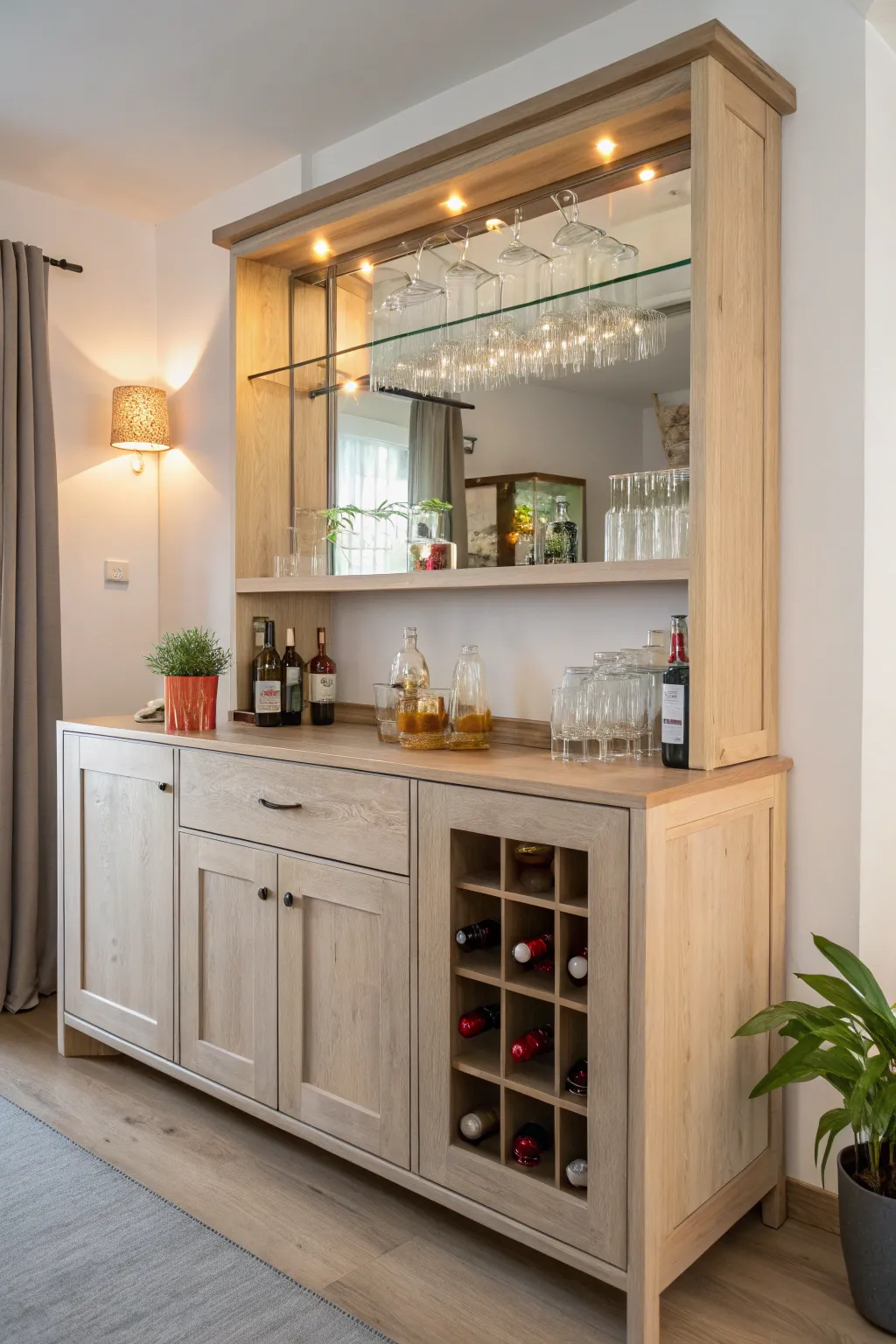 Transform your space with a stylish home bar crafted from a repurposed kitchen cabinet. Perfect for entertaining in Scandinavian chic style!