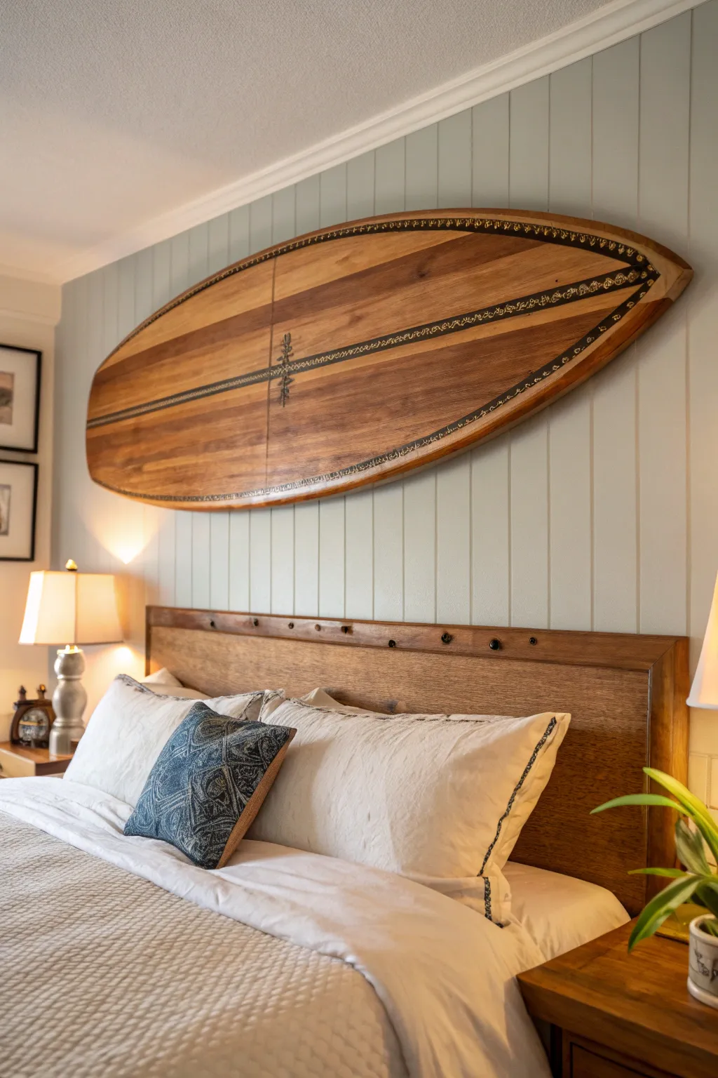 Transform your bedroom into a coastal retreat with a handcrafted surfboard headboard.