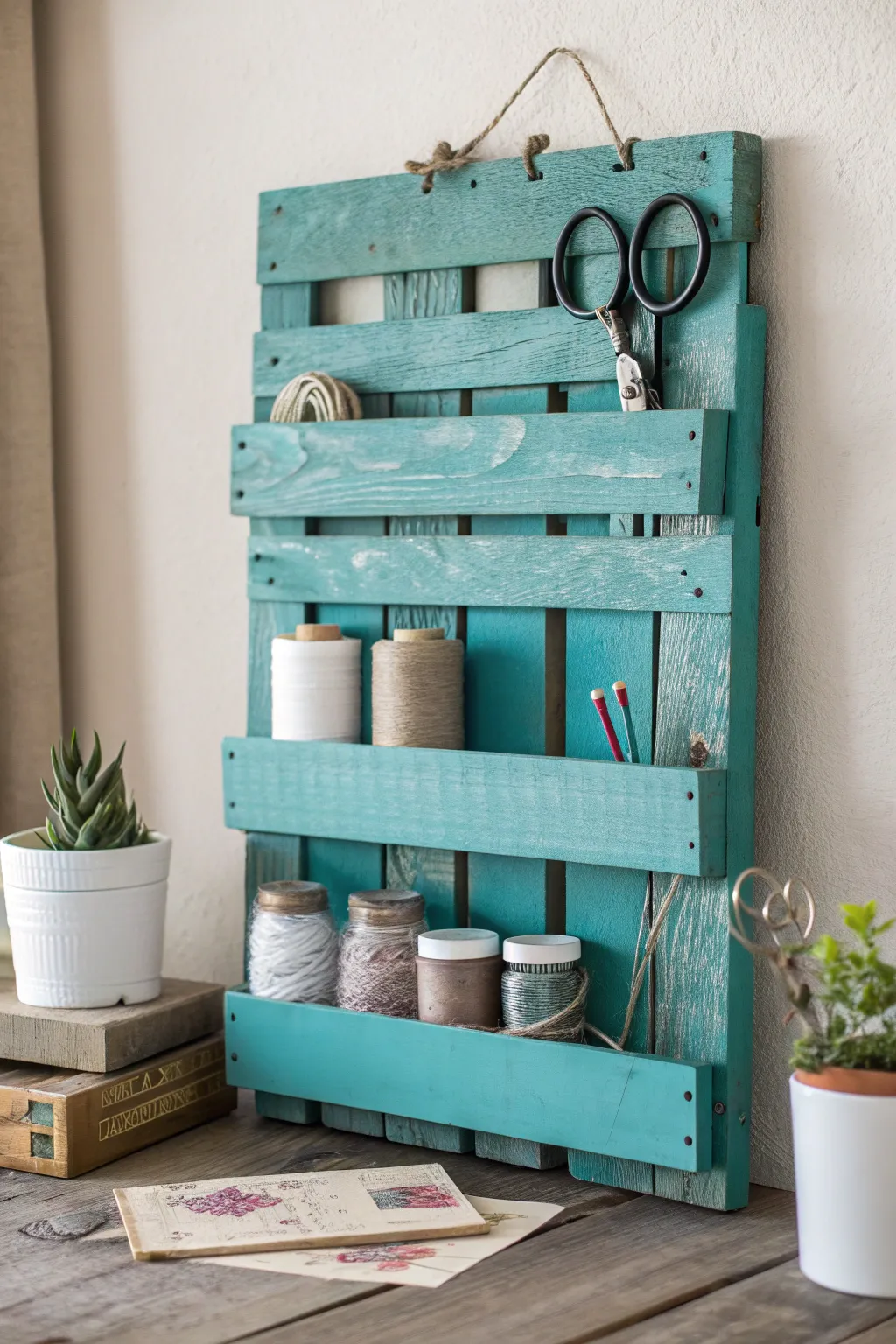 Transform your space with a chic, functional wall organizer made from repurposed wooden pallets. Perfect for adding a touch of minimalist charm to your studio!