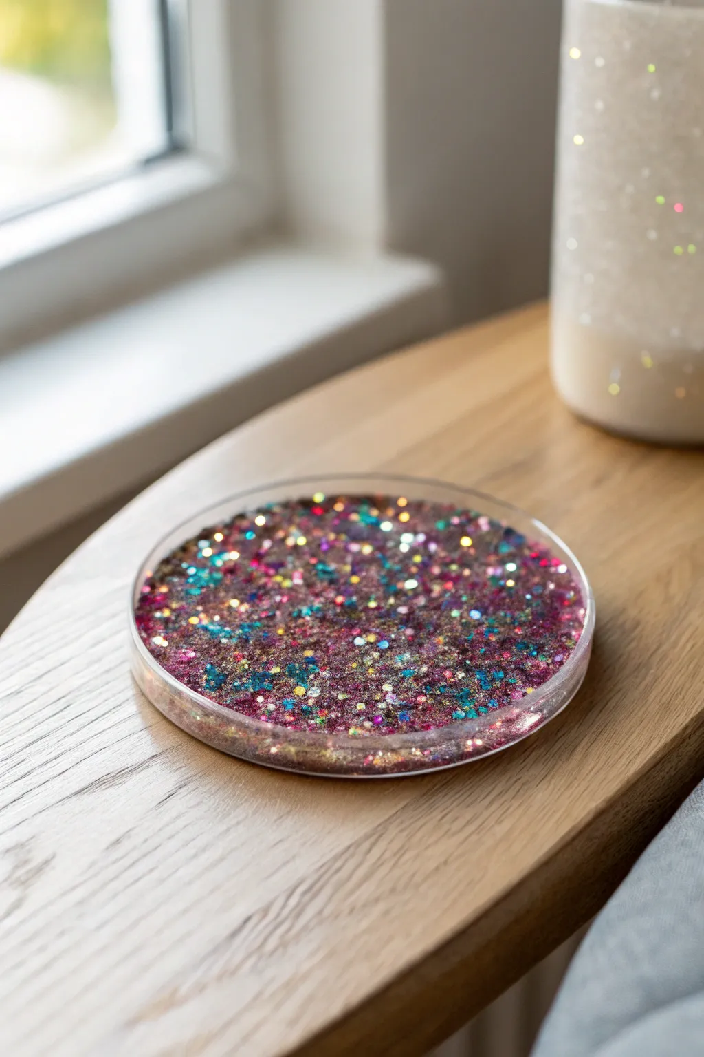 Add a touch of sparkle to your decor with these stunning glitter explosion coasters!