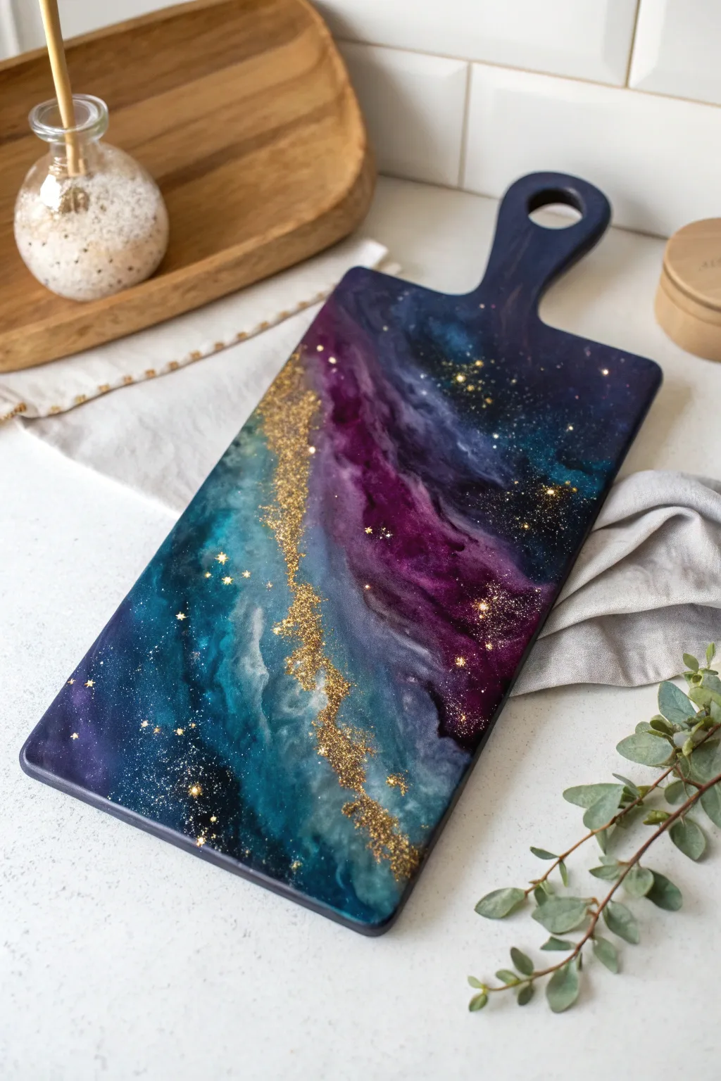 Embark on a cosmic culinary journey with this galaxy-inspired resin cutting board. Perfect for those who appreciate the beauty of the universe in their kitchen!
