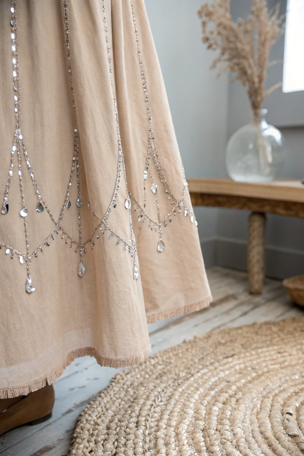 Transform your wardrobe with a touch of sparkle: Rhinestone-adorned hemlines for a chic, twinkling effect.