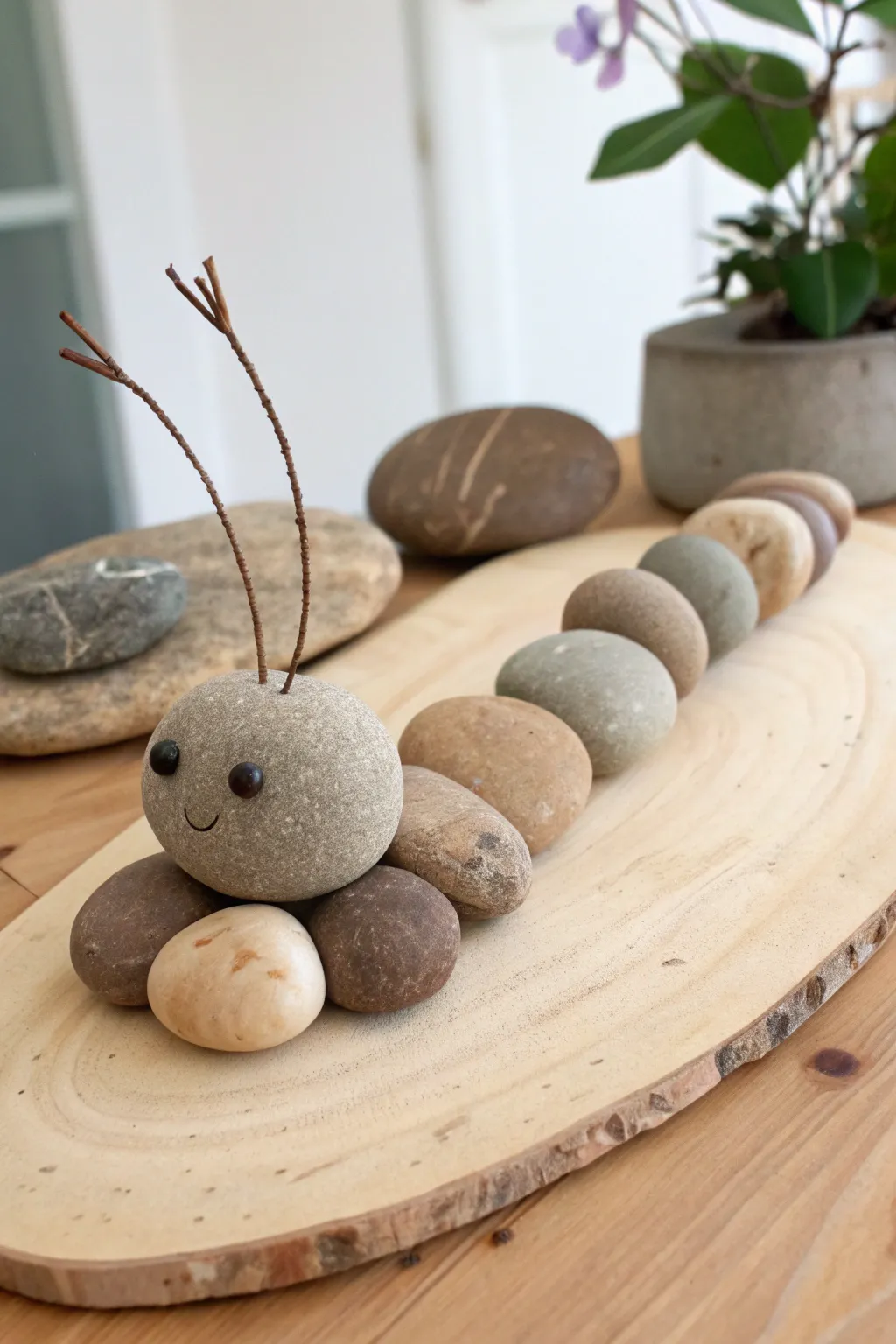 Craft your own whimsical rock caterpillar with natural antennae for a touch of charm and creativity.