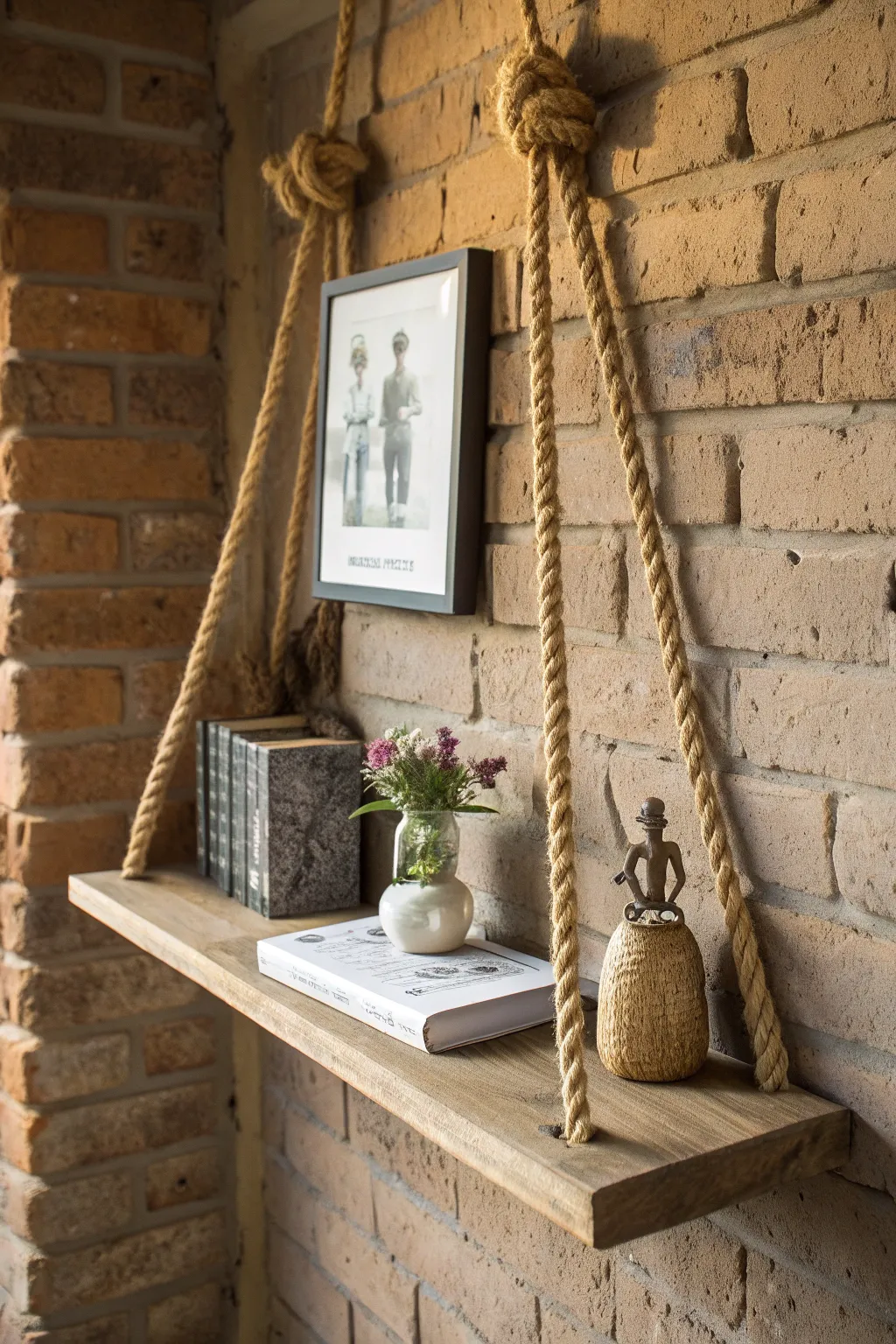 Elevate your art display with the rustic charm of rope shelves.