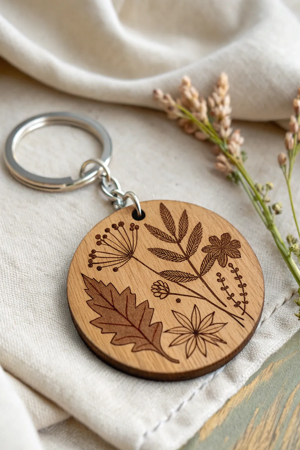 Embrace the seasons with this beautifully crafted round keychain, where minimalist design meets natural elegance.