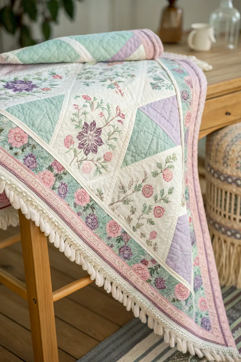Embrace timeless elegance with vintage-inspired quilt borders in soft pastels and delicate prints. Perfect for adding nostalgic charm to any space.