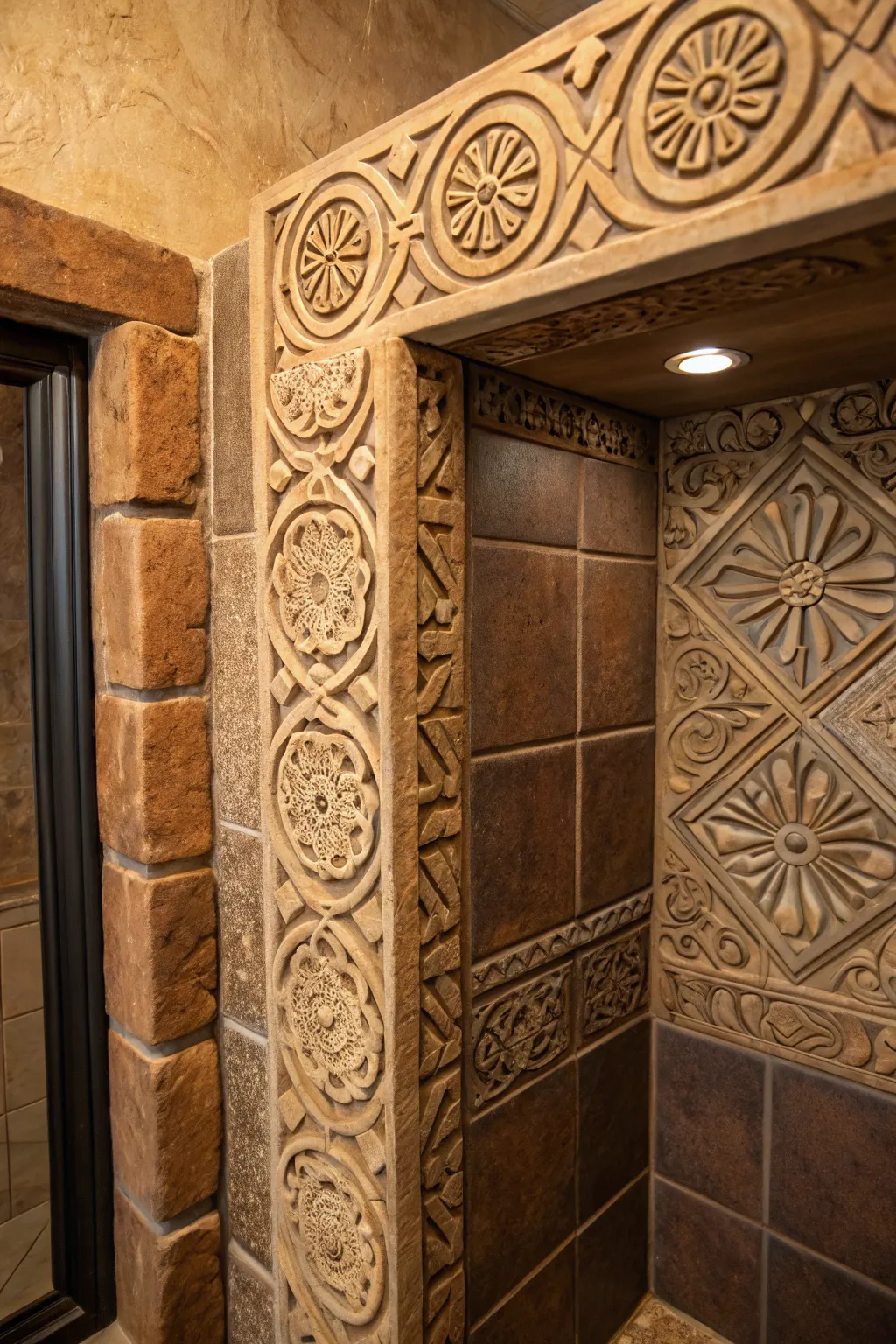 Elevate your shower experience with handcrafted decorative tile borders that define and enhance your rustic sanctuary.