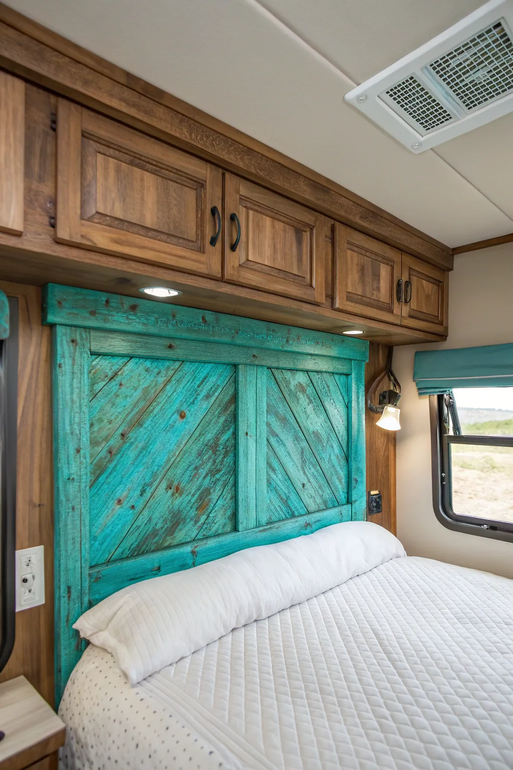 Wake up to a splash of vibrant turquoise and impeccable craftsmanship in your RV haven.