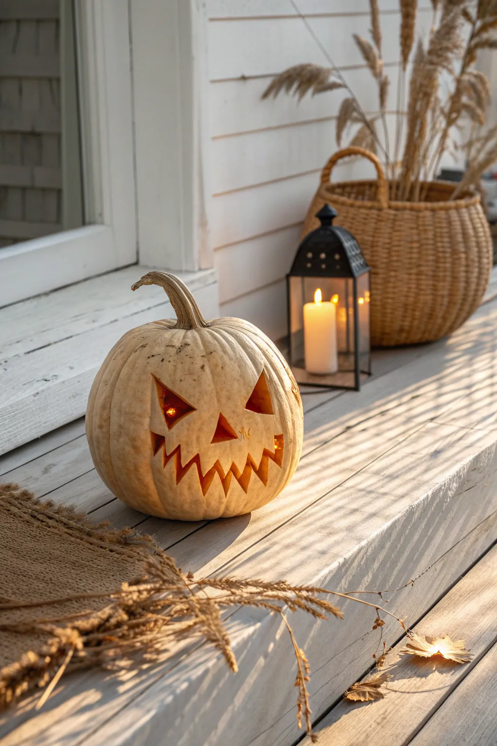 Illuminate your porch with handcrafted charm: Carve eerie yet beautiful lantern faces for a touch of Halloween magic.