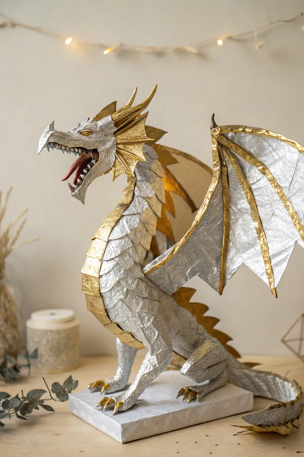 Unleash the allure of metallic elegance with this striking paper dragon masterpiece.