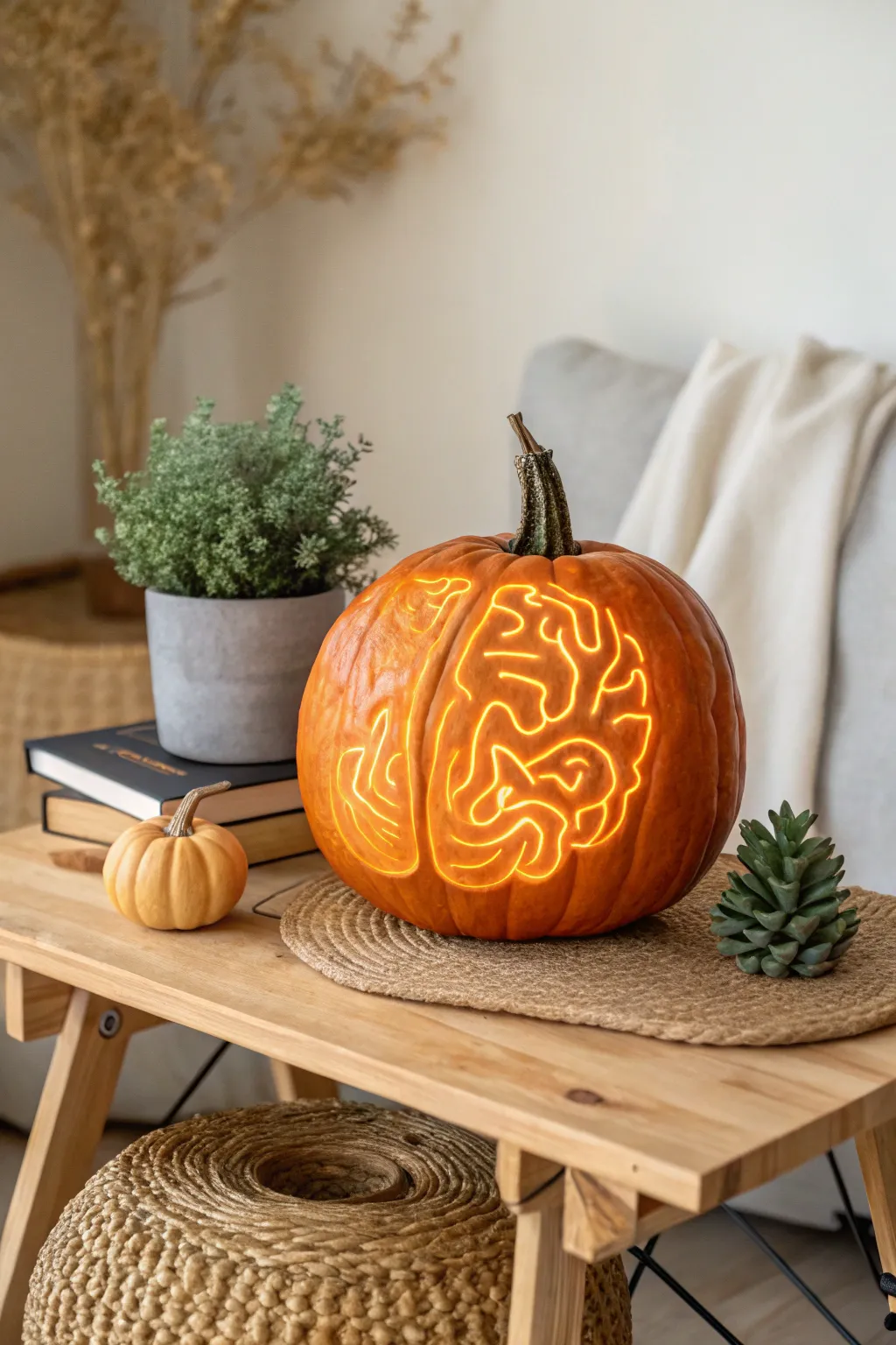 Elevate your fall decor with a unique brain-carved pumpkin that merges scientific intrigue with minimalist beauty.