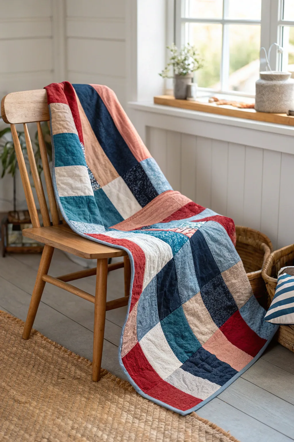 Discover the art of 'Scrappy Stripes' with this striking quilt, where bold colors and craftsmanship meet minimalist elegance.