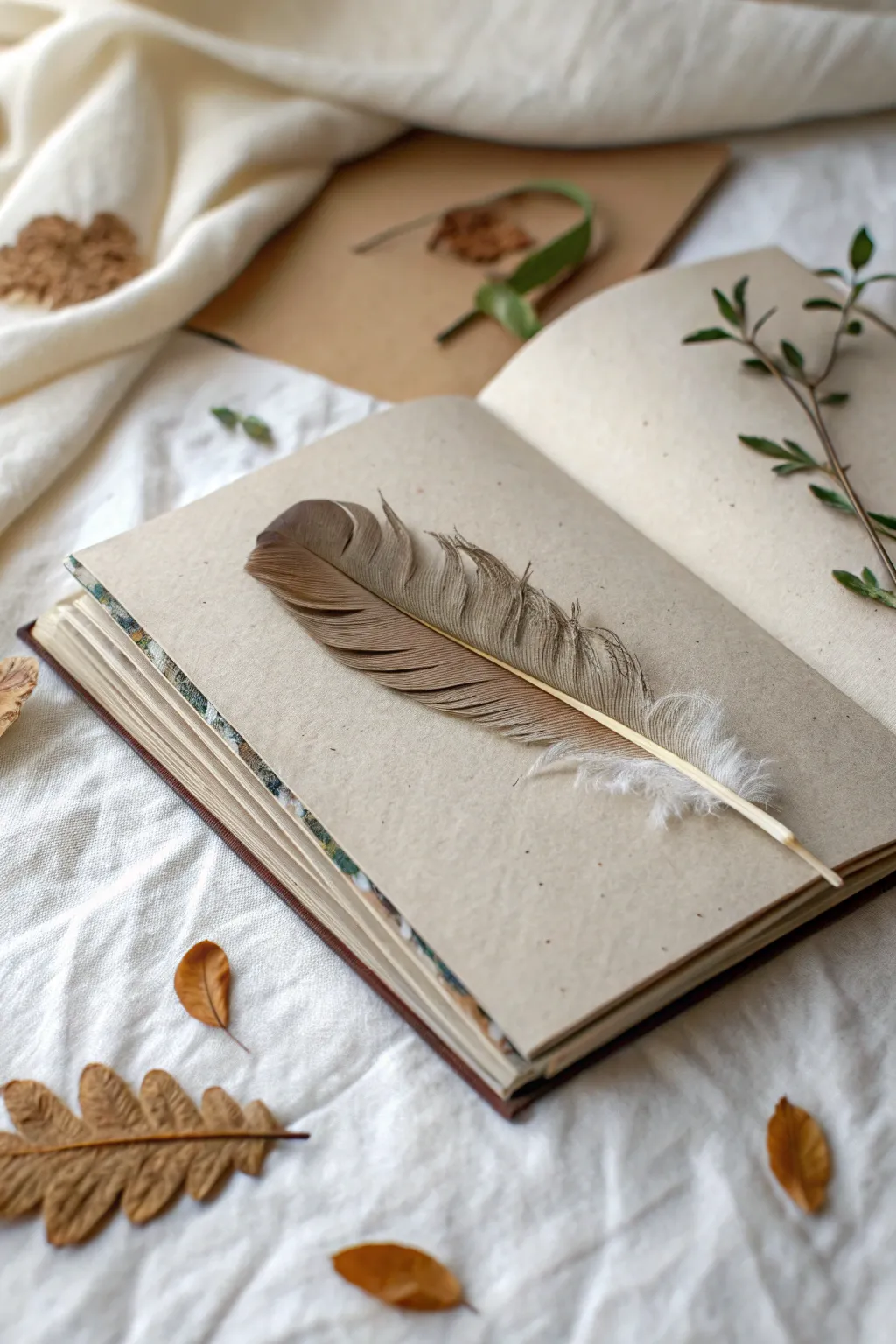 Embrace nature's elegance in your scrapbooks with simple, rustic touches like feathers and leaves.