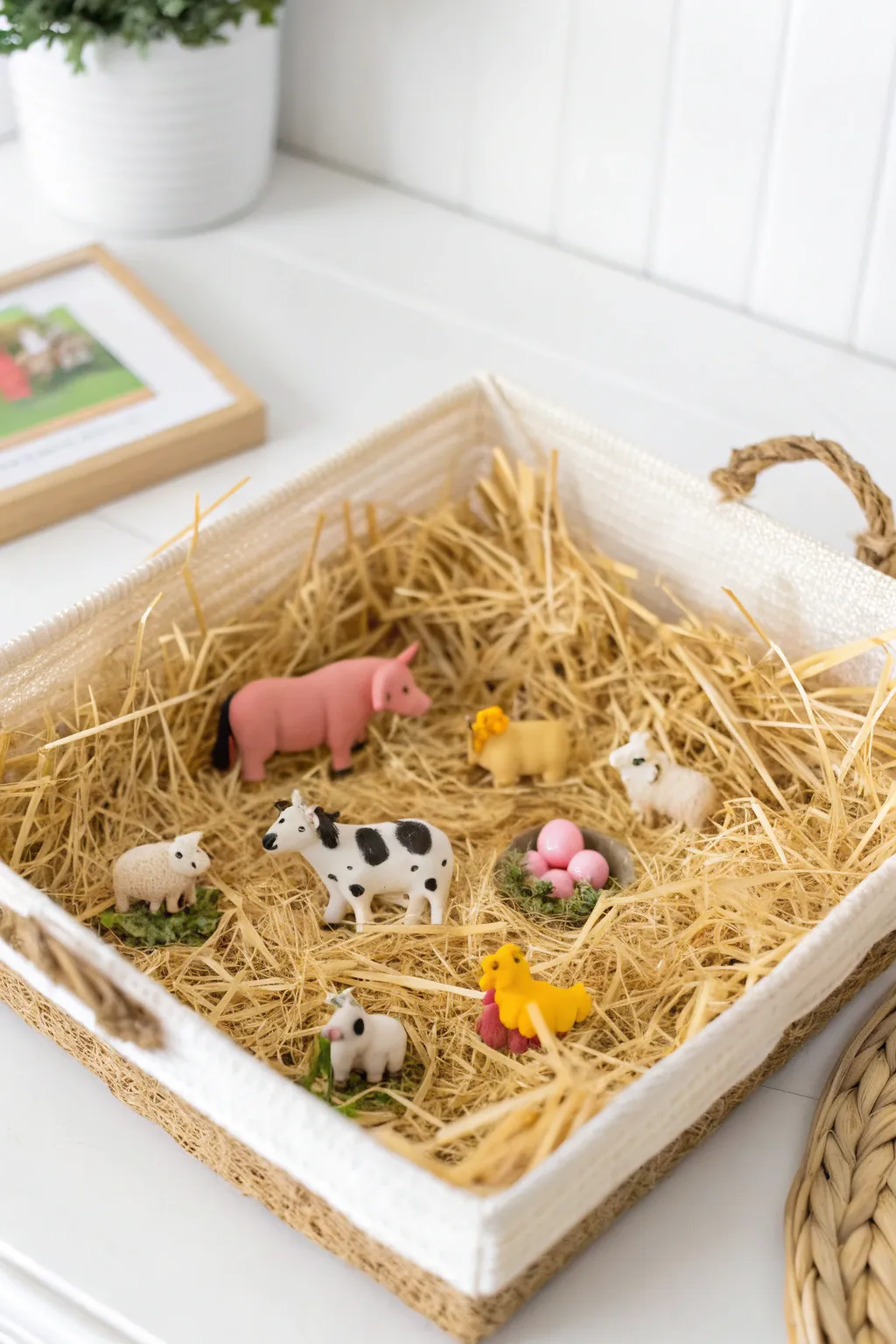Bring the charm of the farm indoors with this delightful sensory bin setup, perfect for imaginative play and minimalist aesthetics.