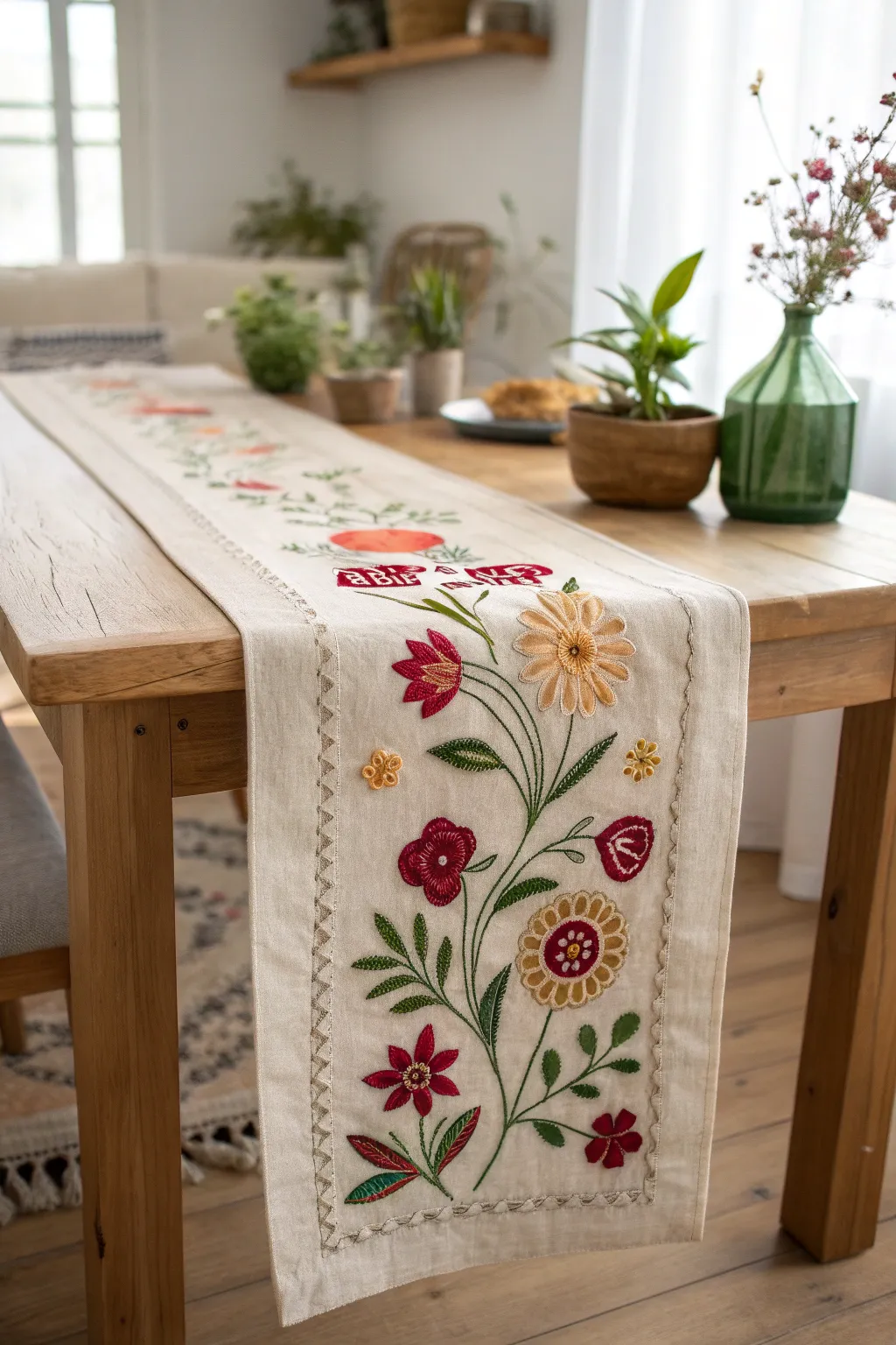 Add a personal touch to your dining experience with handcrafted appliqué designs on your table runner.