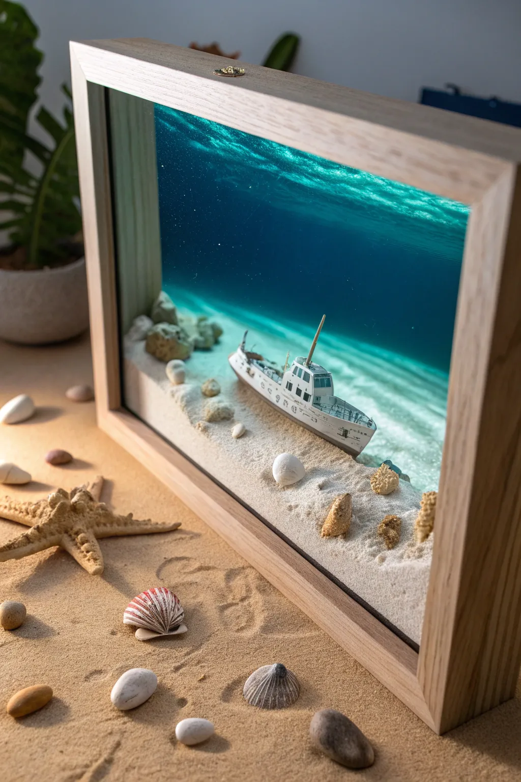 Dive into the mystery of a sunken treasure with this enchanting underwater shipwreck shadow box.