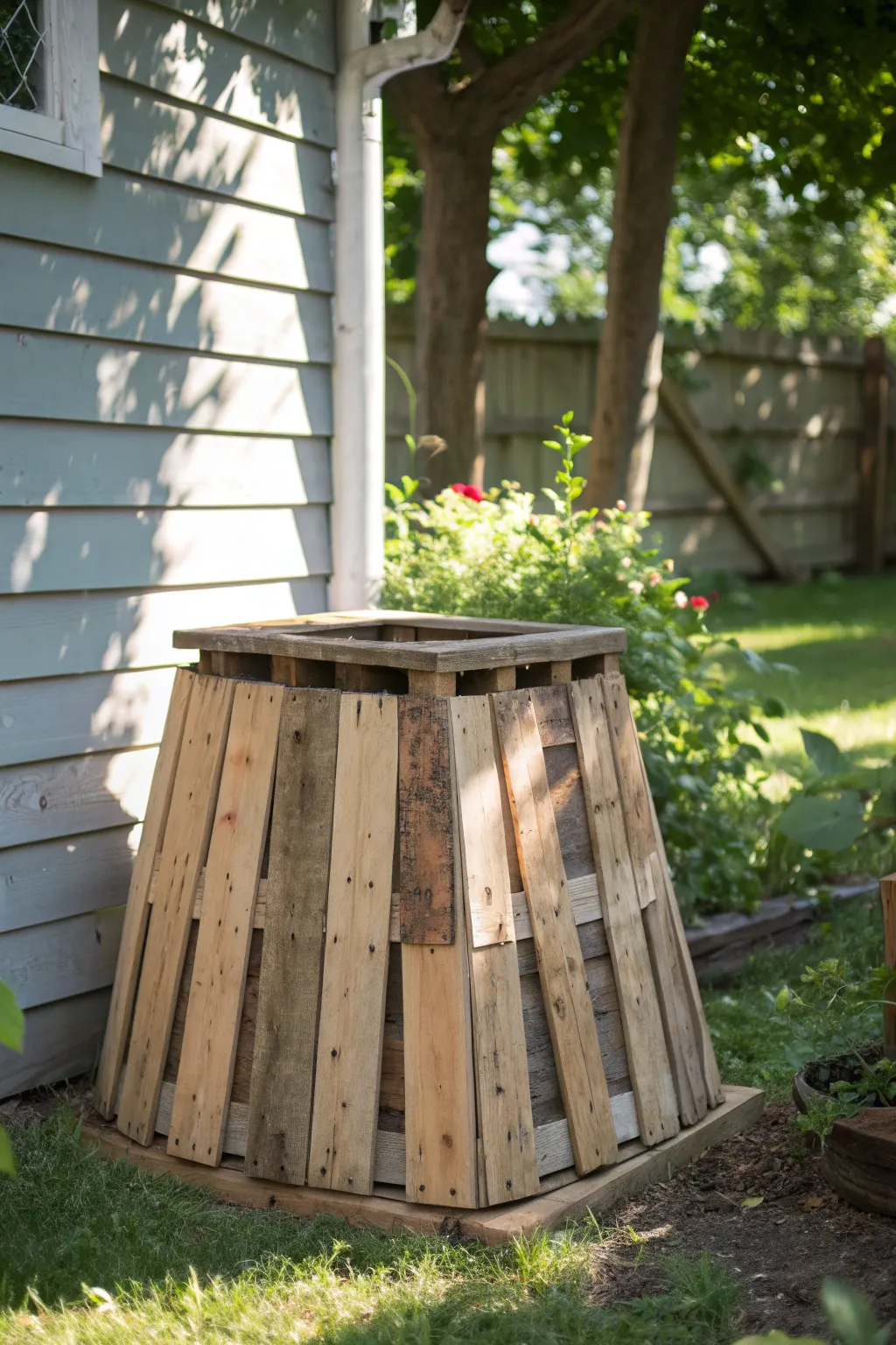 Transform your shed with rustic charm using repurposed wooden pallets for an eco-friendly and stylish skirting solution.