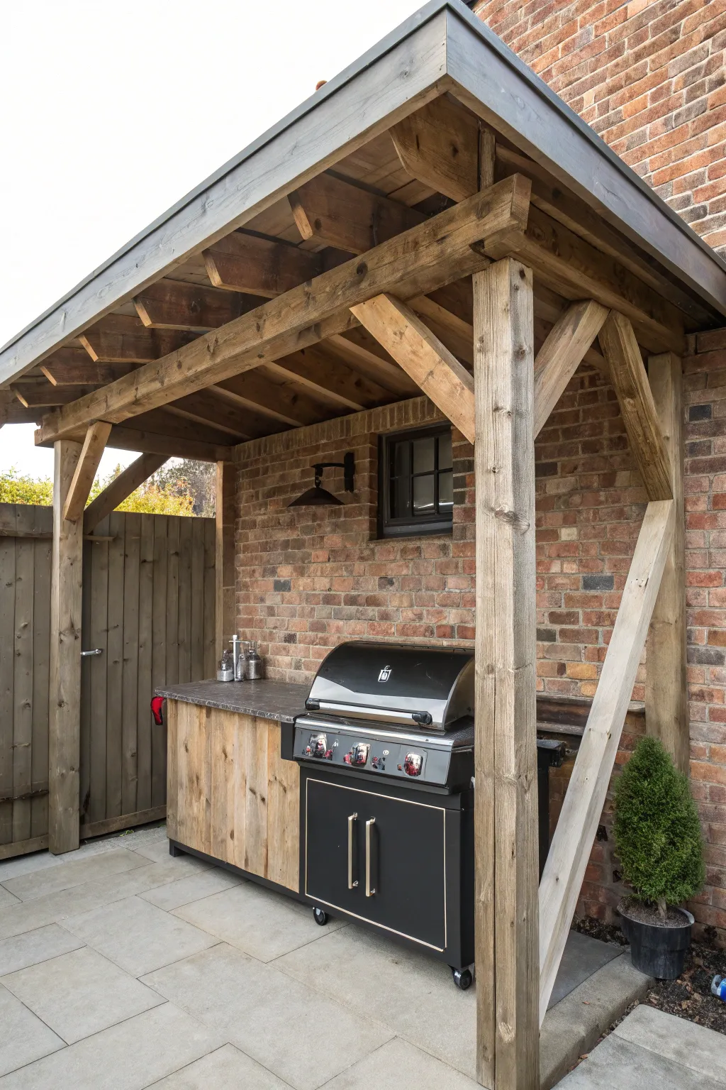 Elevate your grilling experience with this handcrafted lean-to shelter, combining rustic charm and modern functionality.