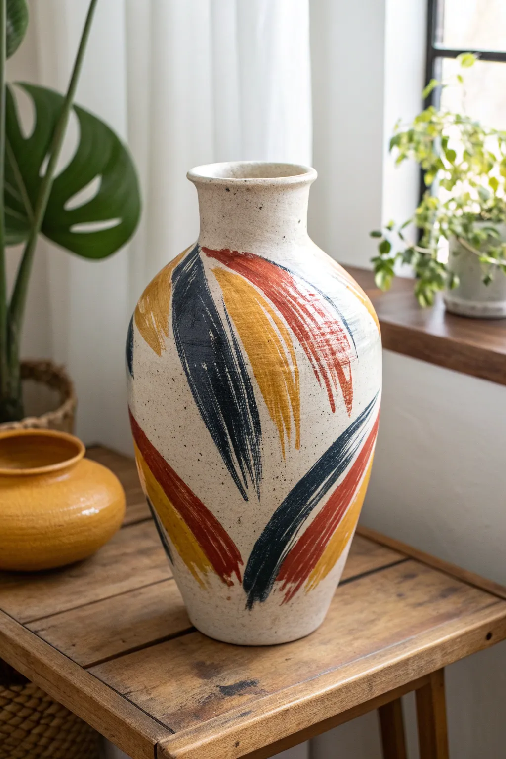 Embrace the energy of bold brush strokes with this striking pottery design.