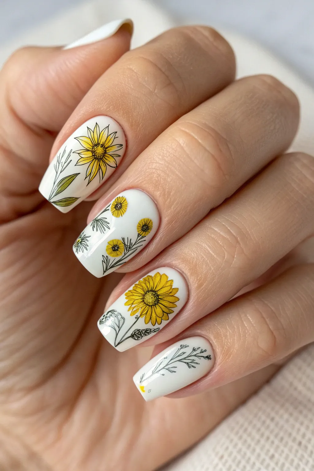 Embrace artisanal elegance with sketchy sunflower nail art.