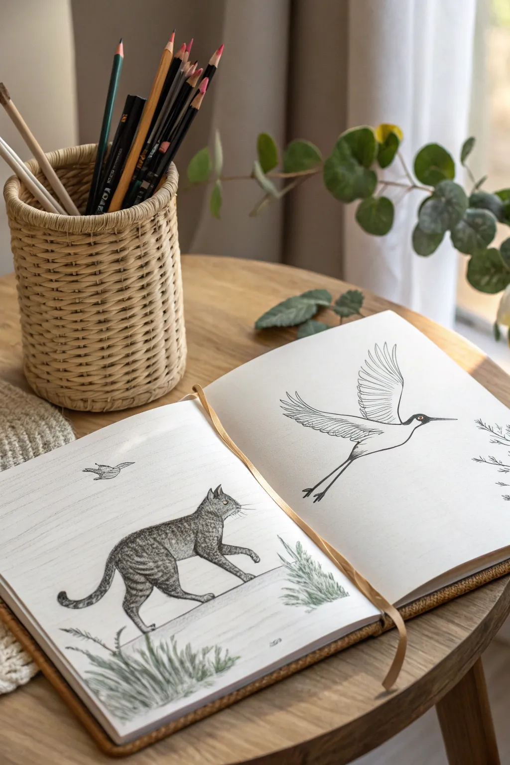 Capture the grace of movement with animal sketches in your minimalist sanctuary.