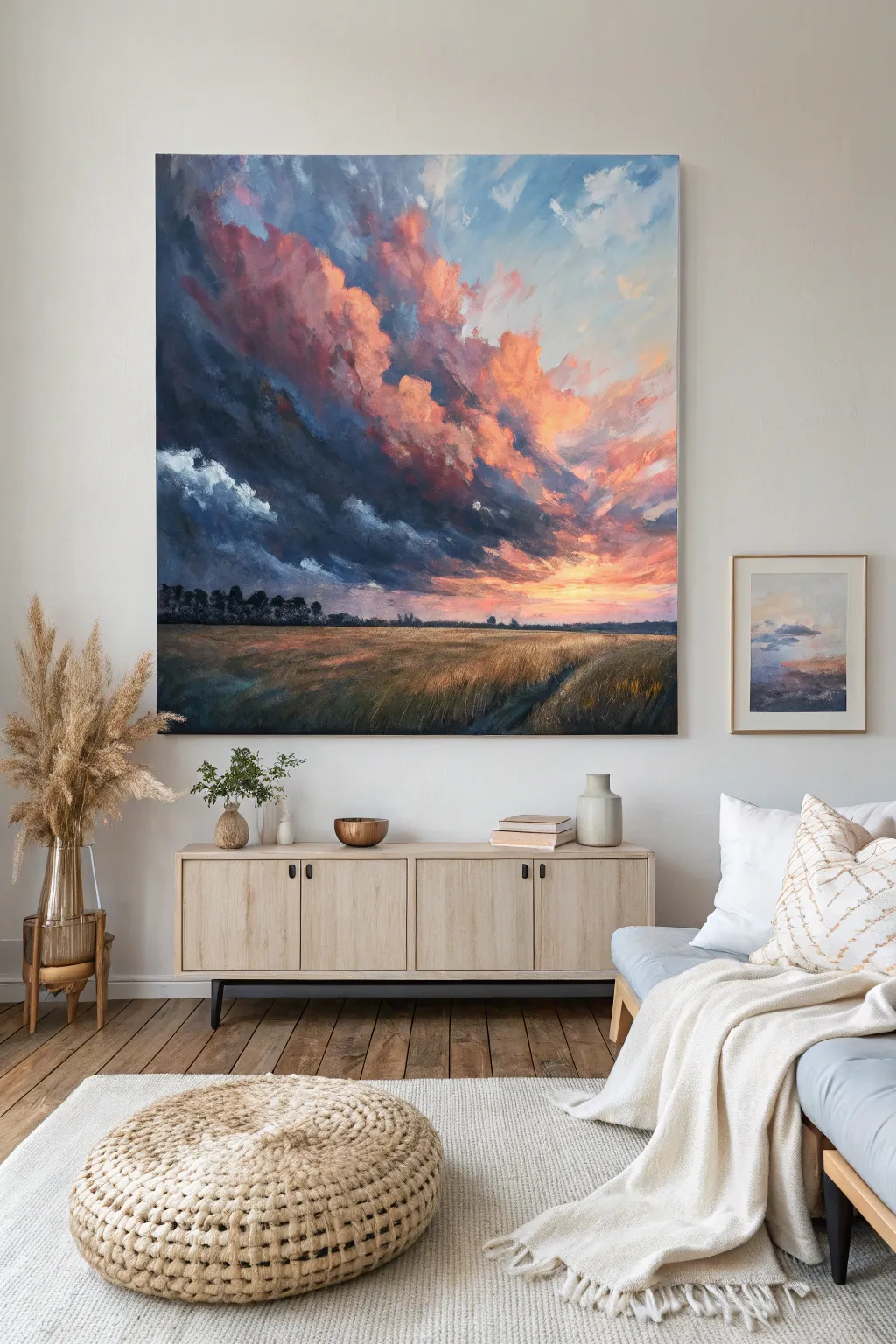Capture the serenity of open fields with a bold sky painting that brings nature's beauty into your minimalist space.