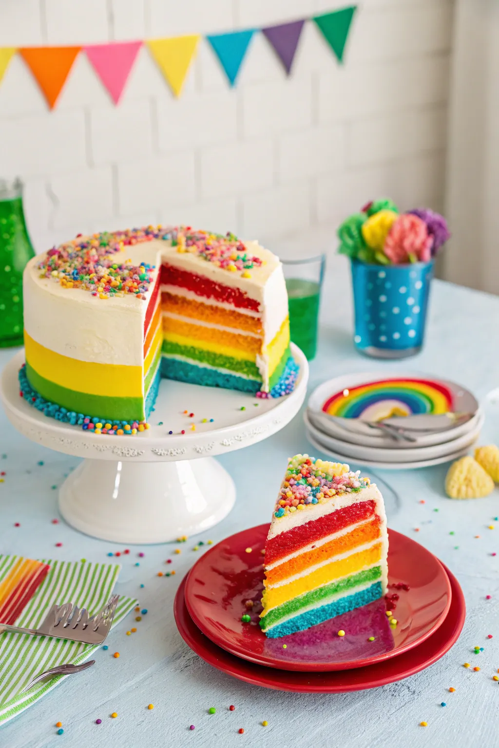 A vibrant rainbow slumber cake, bringing color to the party.