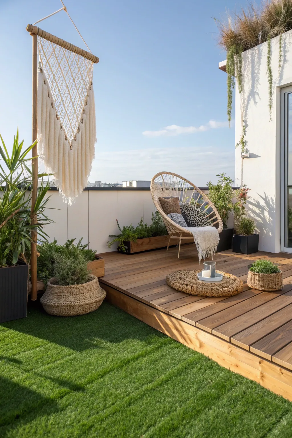 Transform your rooftop into a tranquil oasis with sleek decking and lush greenery. #UrbanEscape #ScandiBoho