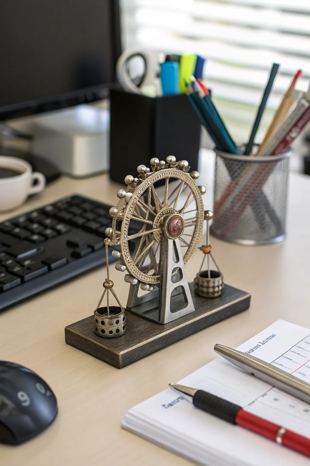 A kinetic sculpture adds movement to an office desk.