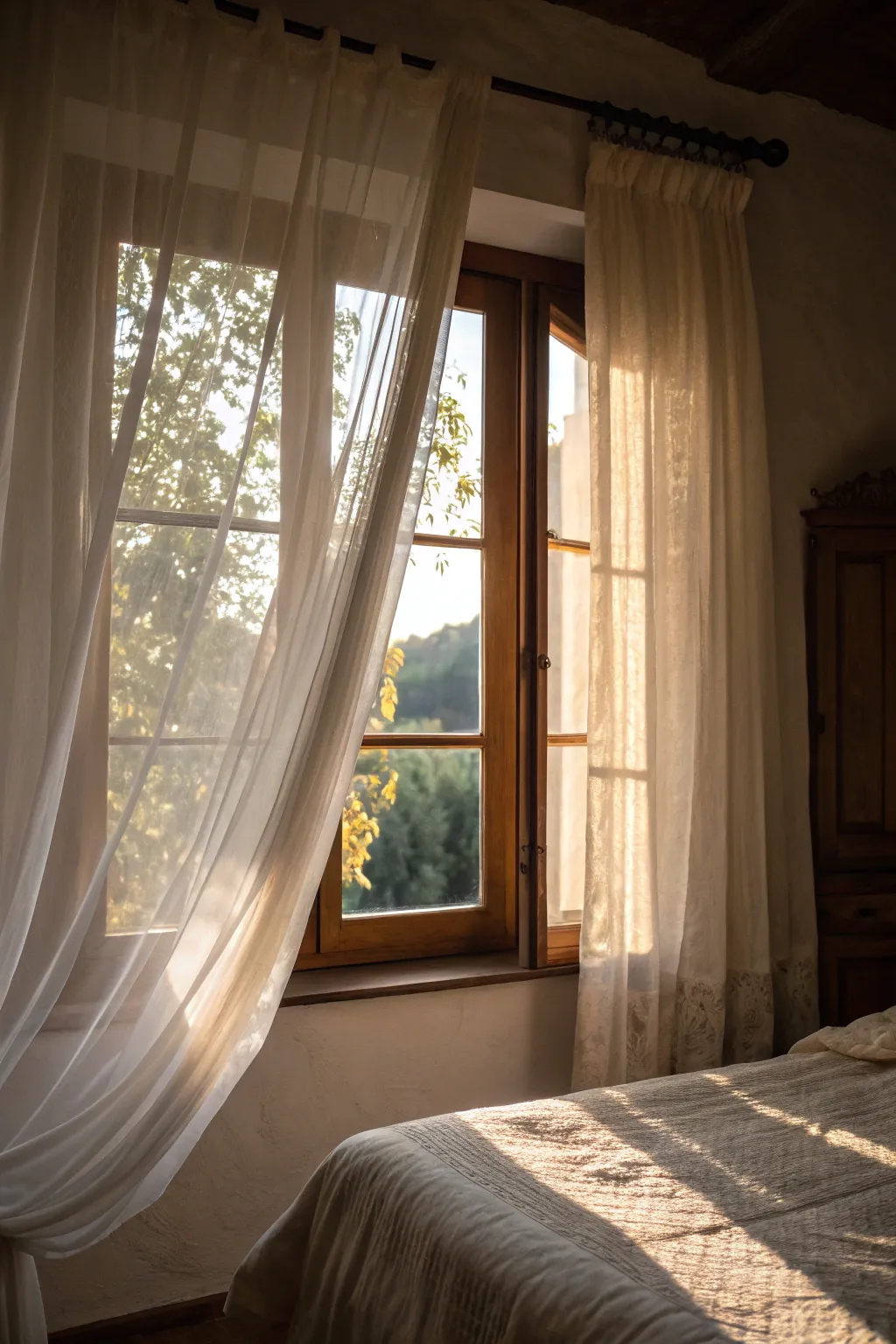 Sheer curtains brighten the room while ensuring privacy.