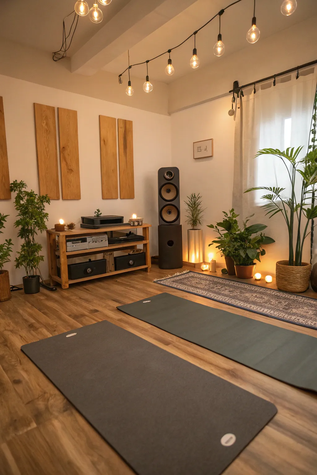 A sound system enhances the sensory experience of the yoga room.