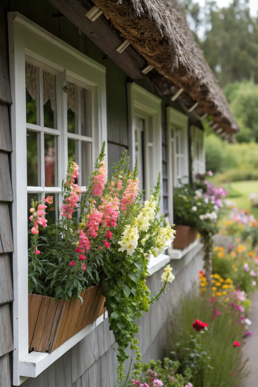 Snapdragons in window boxes offer a charming and vibrant display.