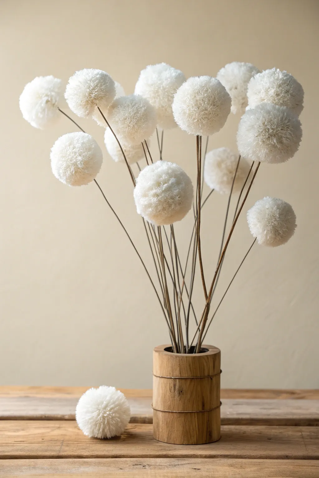 Embrace winter's elegance with a handcrafted Pom-Pom Snowball Bouquet, where simplicity meets natural beauty.
