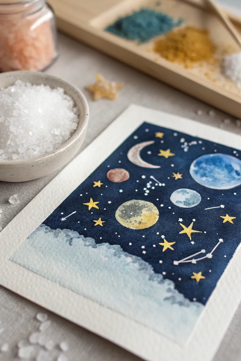 Unleash creativity with this sparkling salt painting space scene—where simplicity meets cosmic wonder!