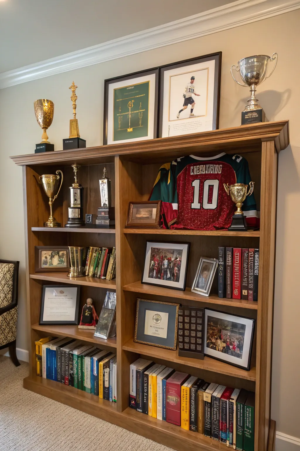 Versatile bookshelf display with sports flair