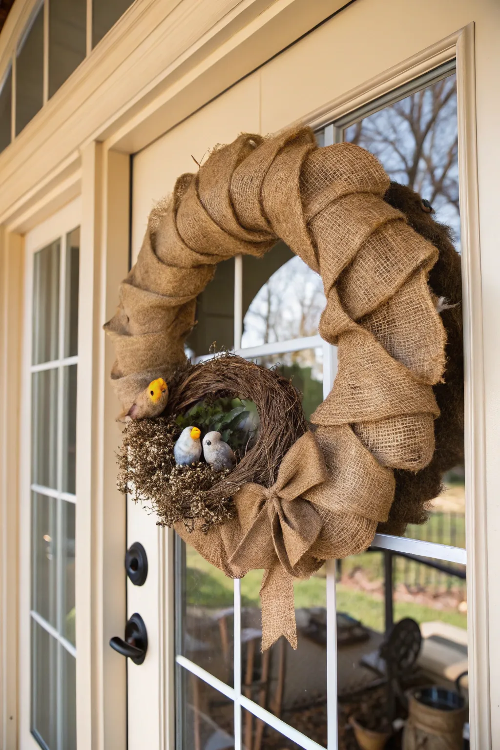 A charming bird's nest adds a whimsical touch to the wreath.