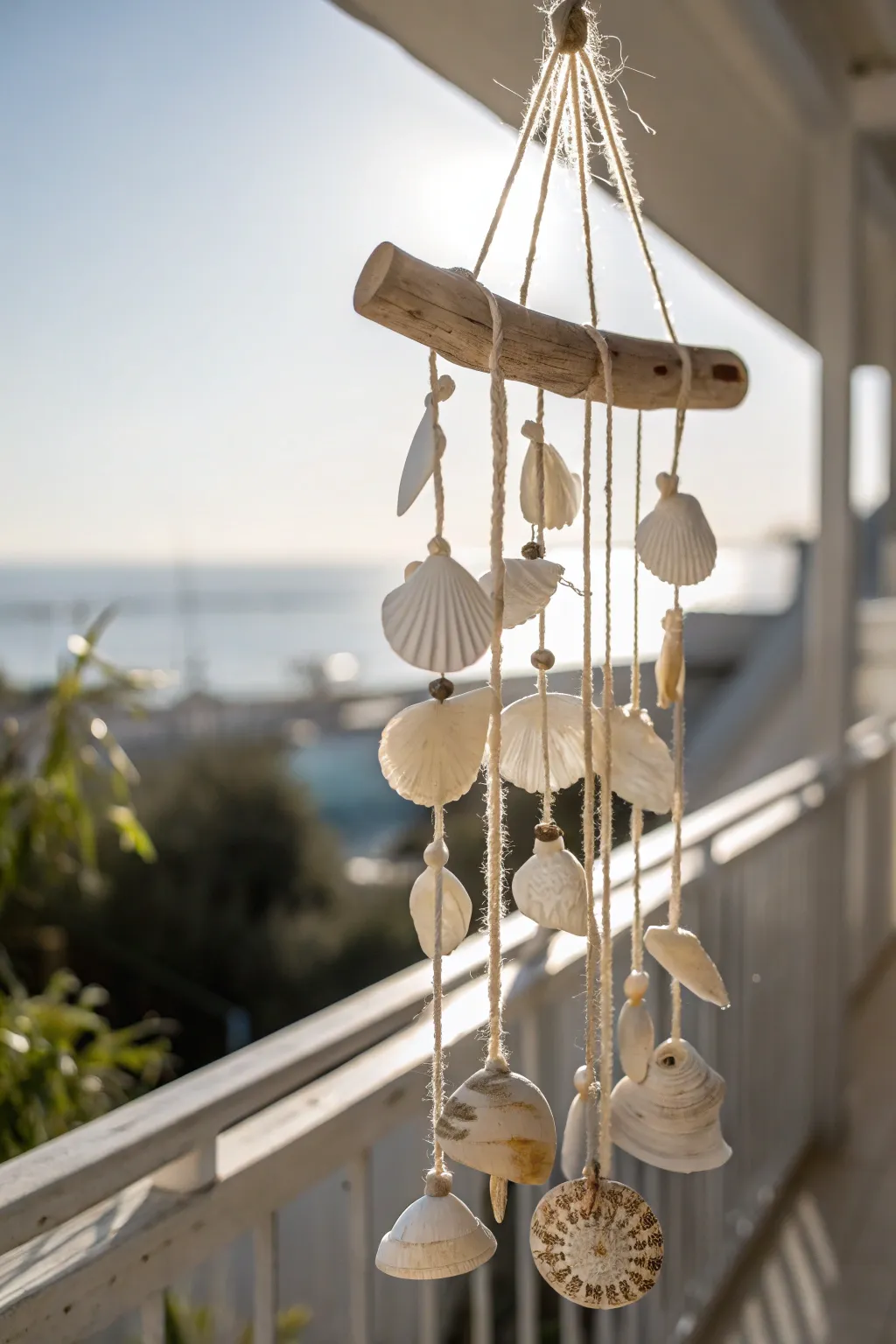 Embrace spring with nature's melody: driftwood and shell wind chimes.