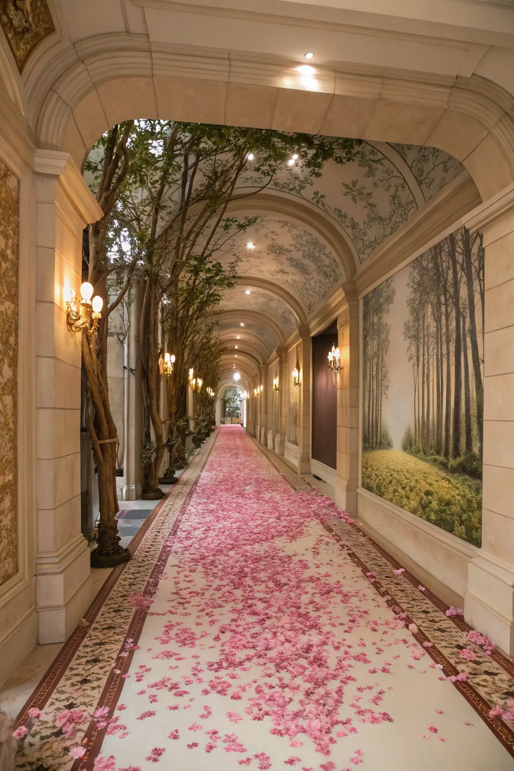 An elegant hallway with a mural of a petal-covered pathway.