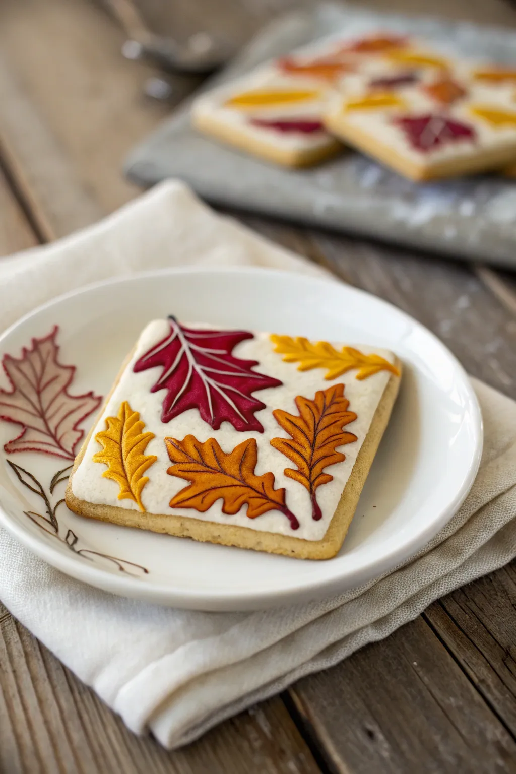 Capture the essence of fall with this beautifully crafted autumn leaf cookie.