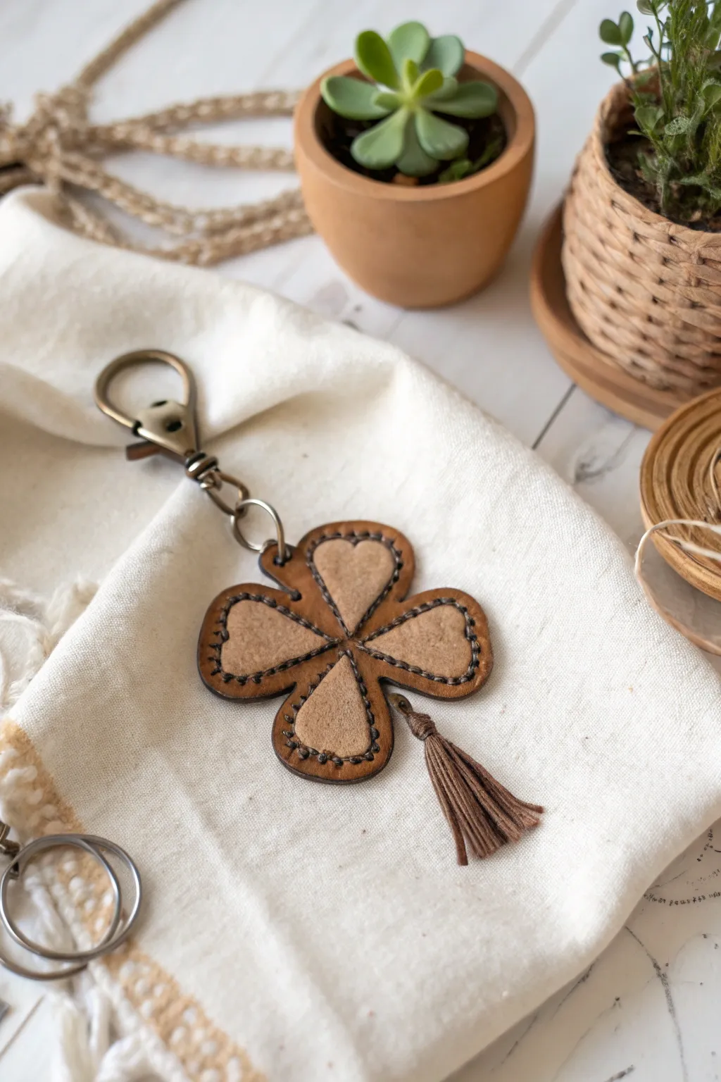 Add a touch of charm to your keys with this handcrafted shamrock keychain, where minimalist design meets boho flair.