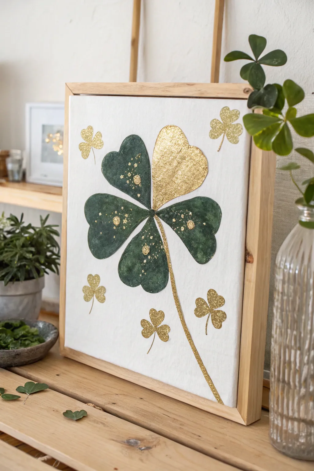 Elevate your St. Patrick's Day decor with the luxurious touch of gold leaf accents on minimalist art.